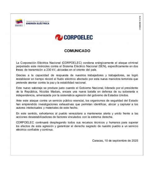 CORPOELEC condena ataque al Sistema Eléctrico Nacional